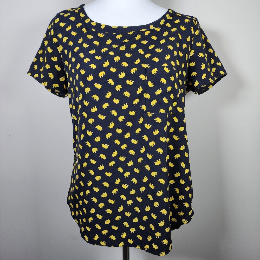 PLEIONE Shirt‎ Womens Small Elephant All Over Print Black Yellow Top Made In USA